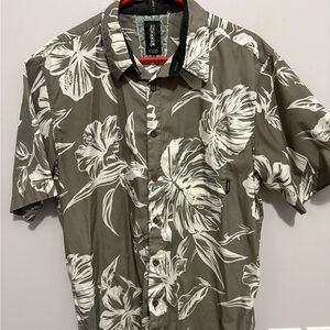 Billabong Green and White Casual Button Down Shirt with Tropical Print
